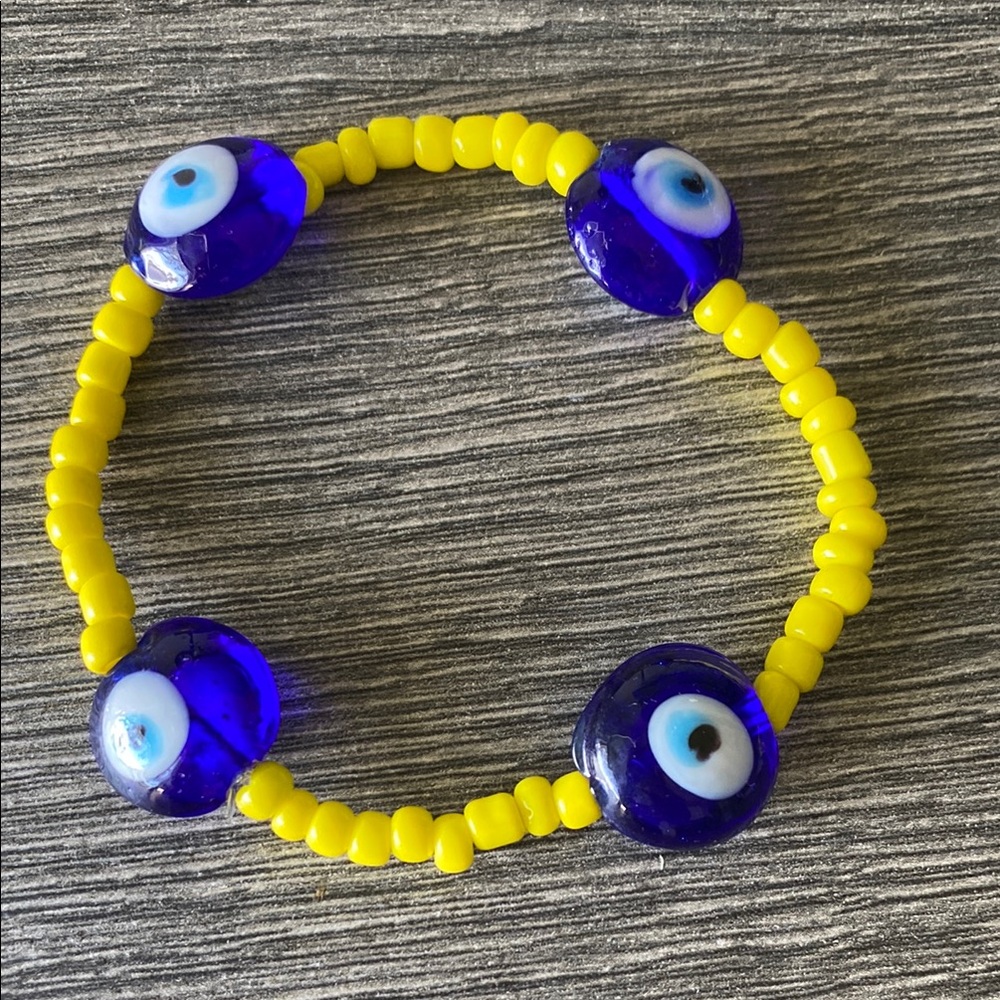 Yellow and Blue Evil Eye Beaded Bracelet